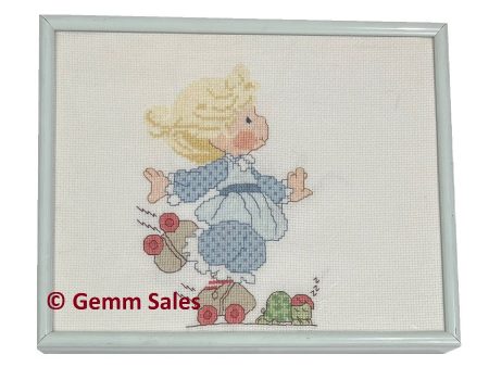 Precious Moments Vintage Cross Stich Finished Piece Girl on Skates Framed (1995) Fashion