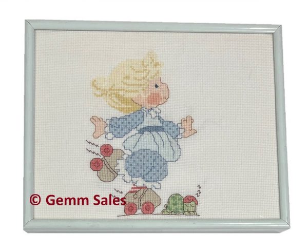 Precious Moments Vintage Cross Stich Finished Piece Girl on Skates Framed (1995) Fashion