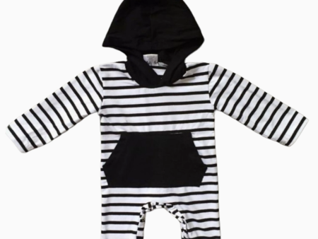 AnnLoren Baby Boys Black & White Striped Hoodie Romper Cotton Long Sleeve Online now