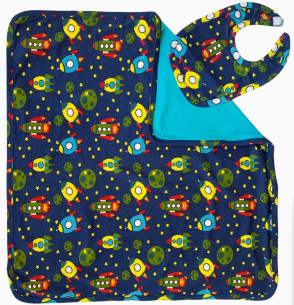 AnnLoren Baby Toddler Boy Space Ship Blanket & Bib Gift Set 2 Pc Knit Cotton Online Hot Sale